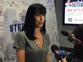 Dayna Spiring, President and CEO, Economic Development Winnipeg addresses the media on plans for the Winnipeg Whiteout Street Party for Game 5 of the Stanley Cup Playoffs on Thursday, April 18, 2019, at a press conference at Bell MTS Place in Winnipeg on Tuesday, April 16, 2019.