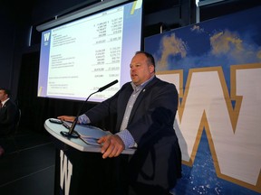 Winnipeg Blue Bombers president/CEO Wade Miller reviews the team finances, with head coach Mike O'Shea and general manager Kyle Walters looking on, during the 2019 Fan Forum in the Pinnacle Room at Investors Group Field in Winnipeg on Tues., April 16, 2019. Kevin King/Winnipeg Sun/Postmedia Network