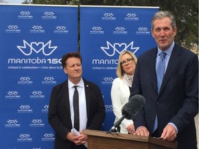 Manitoba Premier Brian Pallister addresses the media at Memorial Park on Tuesday about plans for a major restoration of the Memorial Park Fountain and rehabilition work on Memorial Boulevard in Winnipeg as part of Manitoba 150 celebrations.