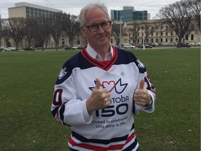 Stuart Murray, co-chair of the Manitoba 150 Host Committee, gives a thumbs up following a media conference at Memorial Park on Tuesday, April 22, 2019 about plans for a major restoration of the Memorial Park Fountain and rehabilition work on Memorial Boulevard in Winnipeg as part of Manitoba 150 celebrations. The Memorial Park upgrades represent the first phase of $45 million in infrastructure investments to mark Manitoba's seequicentennial next year.