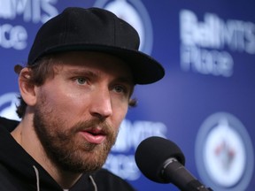 Blake Wheeler addresses media as the Winnipeg Jets cleaned out their lockers at Bell MTS Place in Winnipeg on Mon., April 22, 2019.