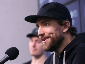 Blake Wheeler addresses media as the Winnipeg Jets cleaned out their lockers at Bell MTS Place in Winnipeg on Mon., April 22, 2019. Kevin King/Winnipeg Sun/Postmedia Network