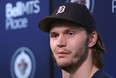 Jacob Trouba addresses media as the Winnipeg Jets cleaned out their lockers at Bell MTS Place in Winnipeg on Monday.