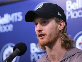 Kyle Connor addresses media as the Winnipeg Jets cleaned out their lockers at Bell MTS Place in Winnipeg on Mon., April 22, 2019. Kevin King/Winnipeg Sun/Postmedia Network