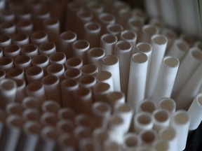 Paper straws sit on the bar at Fog Harbor Fish House on June 21, 2018 in San Francisco, California.