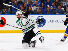 Jason Spezza of the Dallas Stars shoots the puck against the St. Louis Blues in Game Two of the Western Conference Second Round during the 2019 NHL Stanley Cup Playoffs at the Enterprise Center on April 27, 2019 in St. Louis, Missouri. (Dilip Vishwanat/Getty Images)