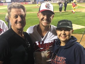 Winnipeg Goldeyes outfielder and 2017 American Association Most Valuable Player Josh Romanski with his father Andy and mother Sheila. Sheila Romanski was first diagnosed with breast cancer in 1996, and is a four-time survivor of the disease. Sheila founded Crystal Roses in 2011, a non-profit organization that supports those affected by cancer.