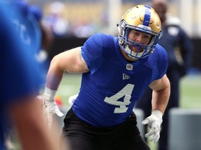 Adam Bighill takes part in a footwork drill during Winnipeg Blue Bombers training camp on Wednesday. (KEVIN KING/Winnipeg Sun)