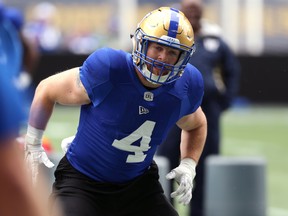 Adam Bighill takes part in a footwork drill during Winnipeg Blue Bombers training camp on Wednesday. (KEVIN KING/Winnipeg Sun)