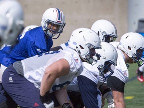 Alouettes quarterback Antonio Pipkin calls the play during training camp in Montreal on May 25, 2018.