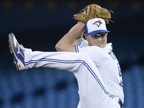 Toronto Blue Jays starting pitcher Trent Thornton throws against the Minnesota Twins during first inning MLB baseball action in Toronto on Wednesday May 8, 2019.