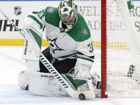 Dallas Stars goaltender Ben Bishop blocks a shot against the St. Louis Blues during the second period in Game 5 of an NHL second-round hockey playoff series Friday, May 3, 2019, in St. Louis. (JEFF ROBERSON/AP)