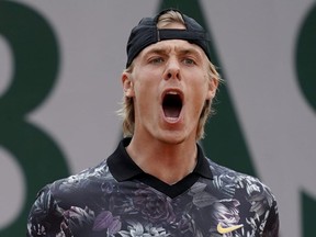 Canada's Denis Shapovalov reacts during his men's singles first round French Open match against Germany's Jan-Lennard Struff in Paris on Monday, May 27, 2019.