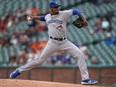 Blue Jays starter Edwin Jackson delivers a pitch to the plate during MLB action against the Giants at Oracle Park in San Francisco on Wednesday, May 15, 2019.