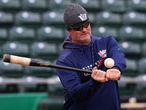 Winnipeg Goldeyes manager Rick Forney hits the ball during Winnipeg Goldeyes spring training camp at Shaw Park in Winnipeg on May 6, 2019. (KEVIN KING/Winnipeg Sun files)