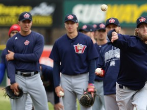 Jack Charleston (right) and the Winnipeg Goldeyes take on the Gary-SouthShore RailCats at home tonight. (Kevin King/Winnipeg Sun)