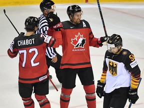 Canada's Mark Stone and Thomas Chabot celebrate scoring during the IIHF Men's Ice Hockey World Championships Group A match between Canada and Germany on May 18, 2019 in Kosice, Slovakia.