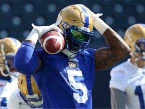 Willie Jefferson, with Relentless tattooed on his left bicep, is seen during Winnipeg Blue Bombers training camp at IG Field on Sun., May 19, 2019.