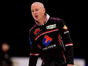 Skip Kevin Koe watches his rock during the first end of the men's final of the Humpty's Champions Cup against Team Bottcher in Saskatoon, April 28, 2019.