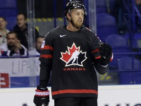 Canada's Anthony Mantha celebrates after scoring his sides first goal during the Ice Hockey World Championships group A match between Canada and France at the Steel Arena in Kosice, Slovakia, Thursday, May 16, 2019.
