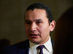 Manitoba NDP Leader Wab Kinew speaks to media following the delivery of Manitoba's 2019 budget, at the Legislative Building in Winnipeg, Thursday, March 7, 2019.