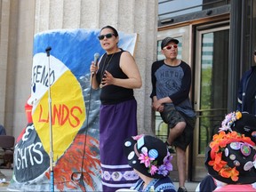 Lisa Raven, a resident of Hollow Water First Nation and opponent of the Wanipigow silica sand extraction project speaks at a rally in front of the Manitoba Legislature on Wednesday, May 29, 2019. (JOYANNE PURSAGA/Winnipeg Sun/Postmedia Network)
