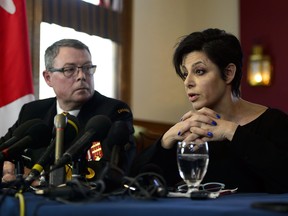 Vice-Admiral Mark Norman sits with his lawyer Marie Henein at a press conference in Ottawa on Wednesday, May 8, 2019. THE CANADIAN PRESS/Sean Kilpatrick