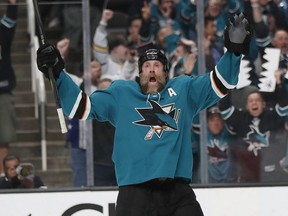 Veteran Sharks forward Joe Thornton may not have been on the NHL’s list of the top 100 players of all time in 2017, but Doug Wilson, his team’s general manager, believes he is. (JOSIE LEPE/AP files)