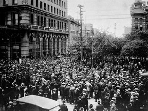 A crowd gathers outside the Union Bank of Canada building on Main Street during the Winnipeg General Strike on June 21, 1919. The Winnipeg General Strike, which started 100 years ago Wednesday, lasted only six weeks.But the fallout from the unprecedented display of strength by both ordinary workers and anti-union forces continues to be felt to this day.THE CANADIAN PRESS/National Archives of Canada