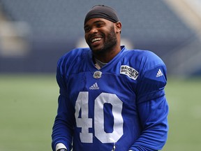 LB Nick Temple (right) smiles during Winnipeg Blue Bombers training camp at Investors Group Field in Winnipeg on Mon., May 29, 2017. Kevin King/Winnipeg Sun/Postmedia Network