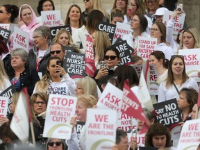 Nurses rallied on the steps of the Legislative Building, in Winnipeg today.  They were protesting against changes to health care delivery. Wednesday, May 01/2019 Winnipeg Sun/Chris Procaylo/stf