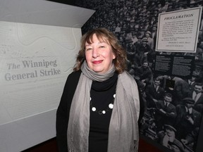 Writer and filmmaker Paula Kelly is pictured by the Winnipeg General Strike exhibit at the Canadian Museum for Human Rights on Thurs., May 2, 2019. Kevin King/Winnipeg Sun/Postmedia Network