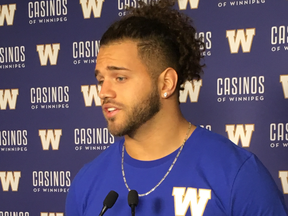 Running back Brady Oliveira addresses the media on Friday, May 3, 2019, one day after being drafted by the Winnipeg Blue Bombers in the second round of the CFL Draft.