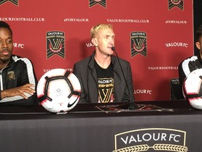 Valour FC captain Jordan Murrell (left), coach Rob Gale (centre) and midfielder Dylan Carreiro (right) address the Winnipeg media on Friday, May 3, 2019 at Investors Group Field. Winnipeg Valour FC will make its home debut in the inaugural Canadian Premier League season on Saturday, the first game of its kind since the Winnipeg Fury played in the old Canadian Soccer League 26 years ago. TED WYMAN/Winnipeg Sun/Postmedia Network