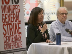 Rhonda L. Hinther, WGSCC Committee Member (left) and Jim Naylor, 1919 WGSCC Committee Chairperson, at a media conference in Winnipeg Tuesday.