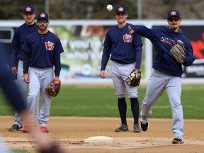 Shortstop Adrian Marin (right) throws with the middle infielders during Winnipeg Goldeyes spring training camp at Shaw Park in Winnipeg on Mon., May 6, 2019. Kevin King/Winnipeg Sun/Postmedia Network