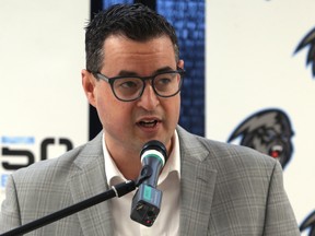 Matt Cockell, Winnipeg ICE president and general manager, addresses media outside the Wayne Fleming Arena on the University of Manitoba campus on Thurs., May 9, 2019. Kevin King/Winnipeg Sun/Postmedia Network