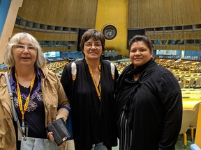 (Left to right) Chief Shirley Ducharme of O Pipon-Na-piwin Cree Nation (South Indian Lake); Betty Lou Halcrow, Chief of the Traditional Women's Council of Pimicikamak Okimawin (Cross Lake); Dr. Ramona Neckoway of Nisichawayasihk Cree Nation (Nelson House) and Chair of Aboriginal and Northern Studies at University College of the North. On Monday, April 29, 2019, representatives from three northern First Nations told the United Nations Permanent Forum on Indigenous Issues in New York about the long-standing and ongoing damage caused by hydropower megaprojects in Manitoba. The Cree representatives who visited the UN are members of Wa Ni Ska Tan: An Alliance of Hydro-Impacted Communities, a cross-regional research alliance focused on the implications of hydropower for environments and Indigenous communities in Canada and beyond. Based at the University of Manitoba in Winnipeg, the alliance is comprised of representatives from 24 Cree (Ininew/Inniniwak), Anishinaabe, and Métis nations, 22 researchers, and 14 social justice and environmental NGOs. It also incorporates nine universities from Canada and the United States.