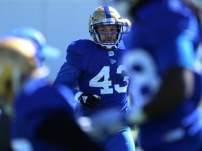 Linebacker Thiadric Hansen gets after the ball carrier during Winnipeg Blue Bombers rookie camp on the University of Manitoba campus on Thurs., May 16, 2019. Kevin King/Winnipeg Sun/Postmedia Network