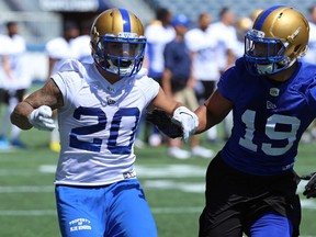 Kyrie Wilson (right) fights for position with Brady Oliveira during Winnipeg Blue Bombers training camp at IG Field on Mon., May 20, 2019. Kevin King/Winnipeg Sun/Postmedia Network