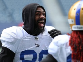 Receiver Rasheed Bailey laughs with teammates during Winnipeg Blue Bombers training camp at IG Field on Sun., May 26, 2019. Kevin King/Winnipeg Sun/Postmedia Network