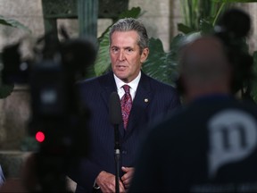 Manitoba Premier Brian Pallister during a media availability at the Manitoba Legislature on Tuesday. A scathing report from the province into Winnipeg’s planning and permitting finds a ‘broken culture.’
