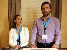 Winnipeg Jets captain Blake Wheeler and his wife Sam during an announcement at the Hotel Fort Garry in Winnipeg on Tues., May 28, 2019, that they would lend their name to a CancerCare Manitoba Foundation fundraiser. Kevin King/Winnipeg Sun/Postmedia Network