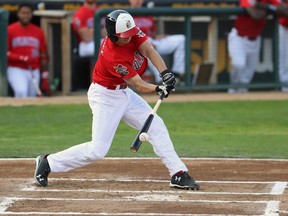 Winnipeg Goldeyes first baseman Kevin Lachance fouls a ball off during American Association baseball action against the Gary SouthShore RailCats at Shaw Park on Tuesday. The infielder Kevin Lachance had his contract purchased by the Arizona Diamondbacks on Saturday morning.
