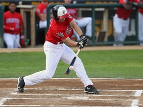 Winnipeg Goldeyes first baseman Kevin Lachance fouls a ball off during American Association baseball action against the Gary SouthShore RailCats at Shaw Park on Tues., May 28, 2019. Kevin King/Winnipeg Sun/Postmedia Network