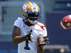 Receiver Darvin Adams makes a catch during Winnipeg Blue Bombers training camp at IG Field on Wed., May 29, 2019. Kevin King/Winnipeg Sun/Postmedia Network