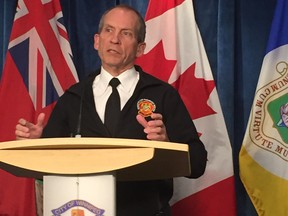 Winnipeg Fire Paramedic Service Chief John Lane addresses a press briefing at Winnipeg City Hall on Friday. During the press briefing, the WFPS showed drone footage of a grass and brush fire that occurred in Charleswood on Thursday, one of two wildland fires that occurred that day.