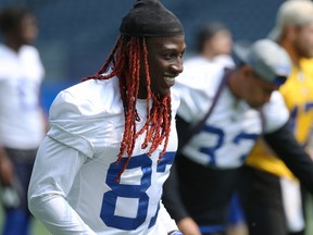 Receiver Lucky Whitehead smiles during the Winnipeg Blue Bombers walkthrough at IG Field on Wednesday, May 30.