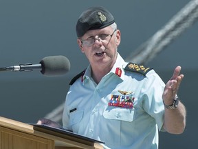 Chief of the Defence Staff Gen. Jonathan Vance addresses the audience at the Royal Canadian Navy Change of Command ceremony in Halifax on June 12, 2019. THE CANADIAN PRESS/Andrew Vaughan