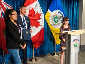 Kid Mayor Sadie Armstrong addresses media on June 20, 2019 at city hall while Deputy Kid Mayor Unique Anderson and Mayor Brian Bowman listen.
Mayor’s Office/Handout
